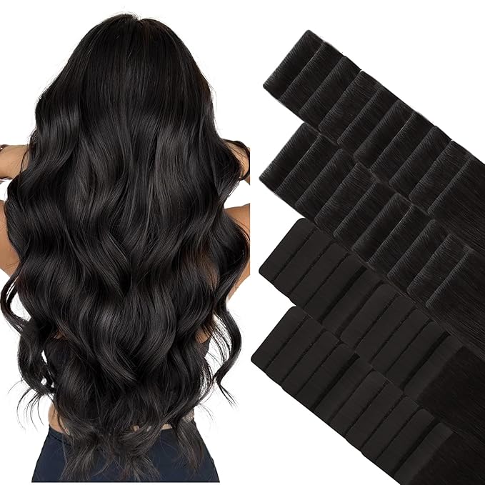 GOO GOO Invisi Edge Tape in Hair Extensions Human Hair, 1B Natural black 20pcs injected with 20pcs classical tape ins, 16inch 100g, Virgin Remy Hair, Natural Look
