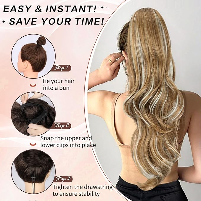 Ponytail Extension, Drawstring Ponytail Extension for Women 26 Inch Long Wavy Pony Tails Hair Extensions Synthetic Clip in Ponytail Hairpiece for Women Brown Mixed Blonde