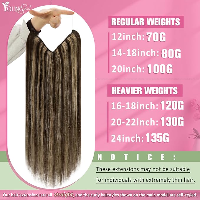 YoungSee 120G Brown Wire Hair Extensions for Women Highlight Hair Extensions Wire Dark Brown Highlights Blonde Fish Line Extension for Women 16inch