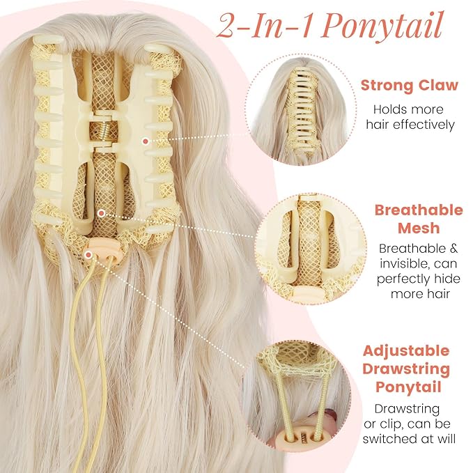 Claw Wavy Ponytail Extension 18 Inch for Women Curly Pony Tail Clip in Hair Extensions Shoulder Length Fluffy Natural Looking Synthetic Hairpiece for Daily Use (Ash Blonde)