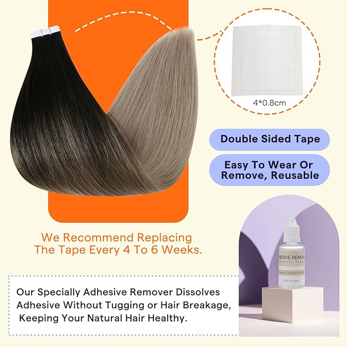 Full Shine Tape in Hair Extensions Human Hair Color 1B/18 Black to Blonde Straight Remy Double Sided Tape in Extensions Real Human Hair 16 Inch Straight Seamless Skin Weft 20PCS 50g for Wedding