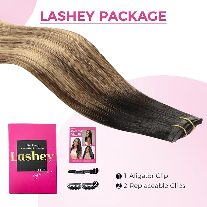 Lashey Seamless Clip in Hair Extensions Human Hair Ombre Balayage Ash Brown Highlighted Honey Blonde with Natural Black Dark Roots Hair Extensions Real Human Hair 43g 4pcs 16 Inch Straight Clip ins