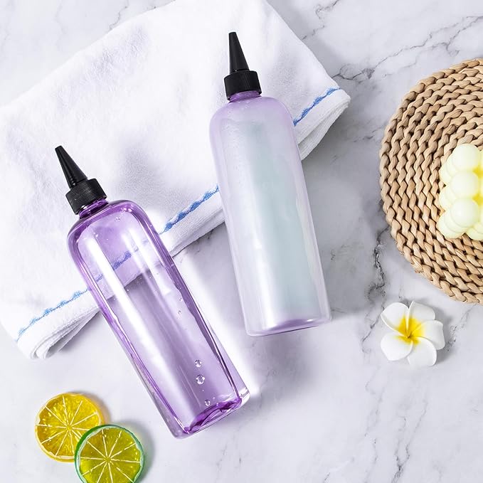 driew Applicator Bottles for Hair, 16.9oz Hair Squeeze Bottle for liquids Twist-On Top Tip Cap with Ratio Graduated Scale Color Applicator Bottle Dye Pack of 2 (16.9oz Clear Purple)