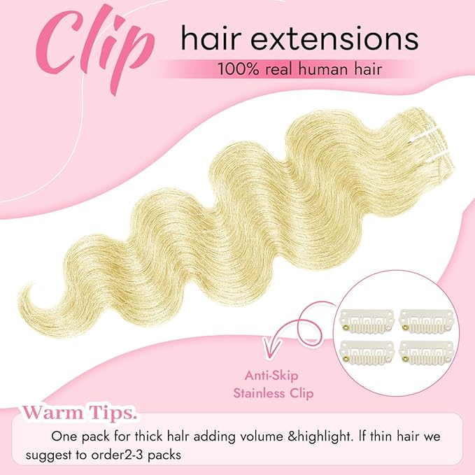Clip in Hair Extensions Real Human Hair Body Wave 613 Bleach Blonde Clip in 100% Brazilian Remy Human Hair Extensions 8pcs Per Set with 18 Clips Double Weft 24 Inch 120g/3.6oz