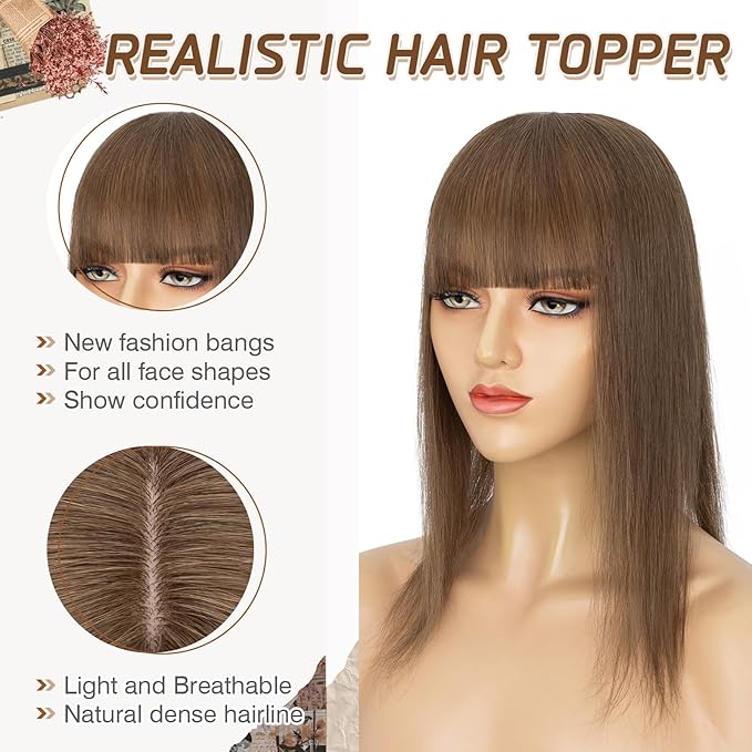 Rich Choices Real Human Hair Toppers for Women With Bang 100% Remy Human Hair Topper for Thinning Hair Clip in Silk Base Hair Topper 10 Inch #4R Chestnut Brown