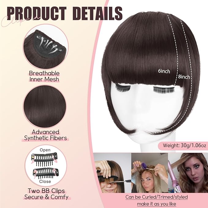Clip in Bangs, Synthetic French Bangs Hair Clip, Medium Brown Fake Bangs Fringe with Temples Hairpieces for Women Natural Curved Hair Extensions for Daily Wear