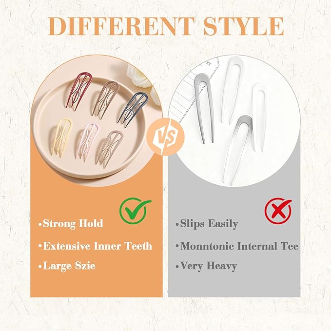6 PCS French Hair Pins for Women - Large U-Shaped Hair Forks with Internal Teeth, Strong Hold for Thick & Thin Hair, Effortless French Twists, Updos, Buns & Chignons, Hairstyle Accessories