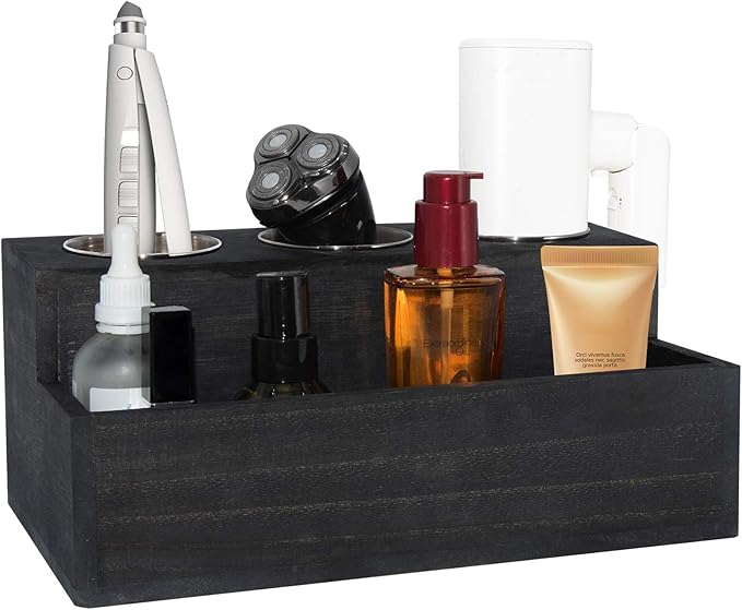 Wooden Hair Dryer Holder - Rustic Hair Tools Organizer with 3 Circular Holes and 1 Compartment, Bath Accessories Supplies Organizer for Bathroom Vanity Countertop Storage Hair Dryer, Vintage Black