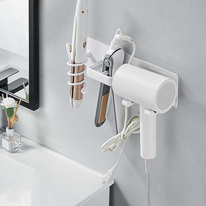 Hair Dryer Holder Wall Mounted,Blow Dryer, Curling Iron, Straightener Holder 3 in 1 Bathroom Metal Hair Tool Organizer Rack-Matte White-2