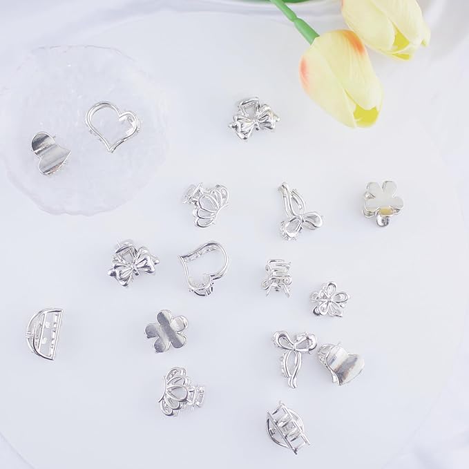 16Pcs Mini Metal Hair Claw Clips for Women, Gold Silver Small Bangs Claw Clips for Long Thin Hair, Tiny Cute Flower Barrettes(Silver)