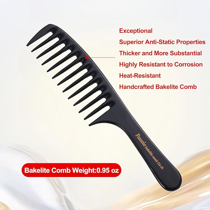 PERFEHAIR Wide Tooth Detangling Comb for Women - Large, Thick, Durable Bakelite Anti-static Hair Comb for Curly, Wet, Long, Thick Hair - Black, Professional Hair Detangler