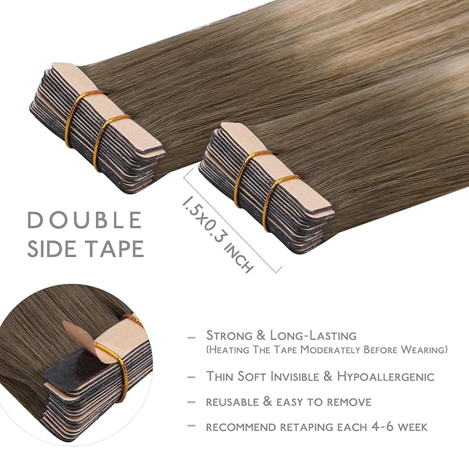 WENNALIFE Tape in Hair Extensions Human Hair, 20pcs 50g 18 inch Balayage Sandy Brown to Platinum Blonde Remy Hair Extensions for Women Tape Ins Straight Extensiones De Cabello Humano Skin Weft