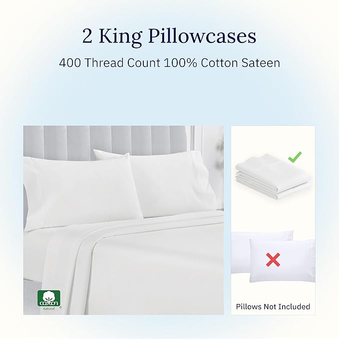 California Design Den King Size Pillowcase Set - 400 Thread Count, 100% Cotton Sateen, Set of 2 Pillow Covers, Soft and Breathable - Antique White
