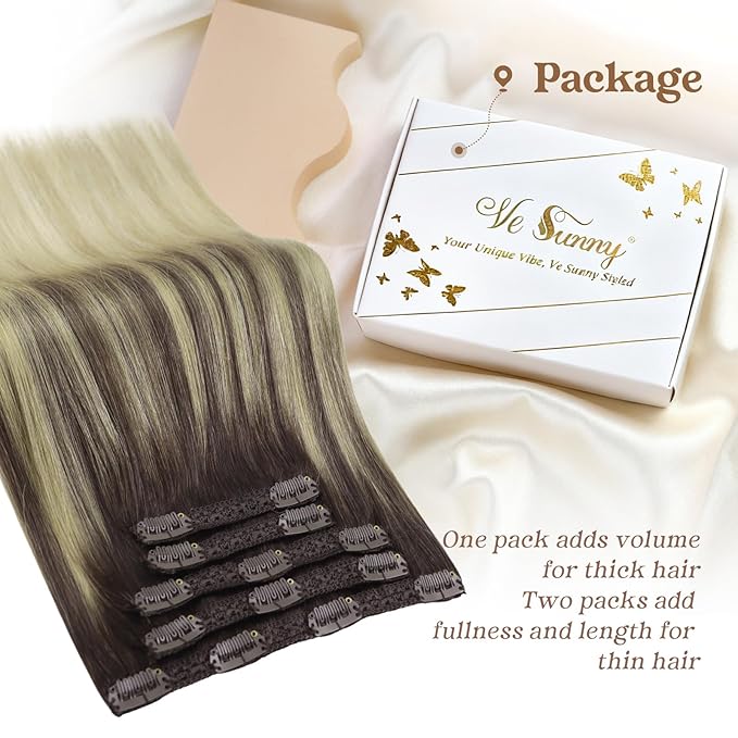 Ve Sunny Human Hair Clip in Extensions Comfortable Clip in Hair Extensions Real Human Hair Dark Brown Ombre Dark Golden Blonde Balayage Light Blonde Hair Clip in Extensions 100g 7pcs 14inch
