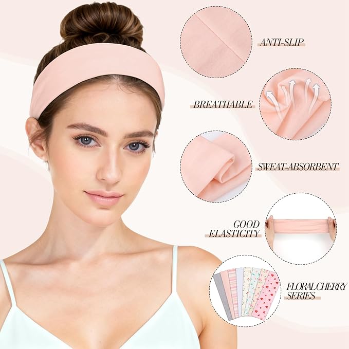 obeoby Pink Headbands for Women, Non Slip Stripe Cute Hairbands Cotton Sports Hair Bands for Women's Hair Girls Valentines Day Outfit