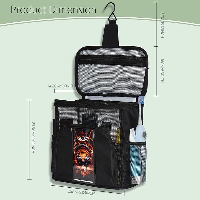 Mesh Shower Caddy, Portable Shower Bag Tote, Hanging Quick-Dry Toiletries Box Suitable for University Dormitories, Bathrooms, Gyms, Travel, Camping, Swimming, and RVs (Black)
