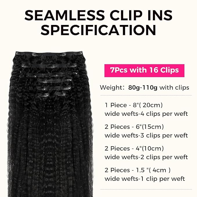 Lashey Seamless Clip in Hair Extensions Human Hair 7pcs 110g Kinky Straight, #1 Jet Black 16 Inch Clip in for Women