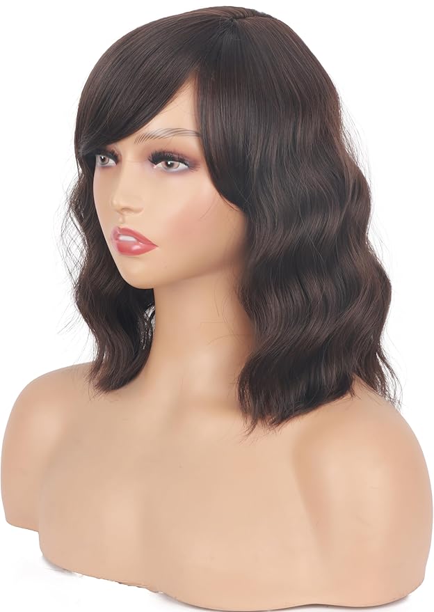 Short Brown Wavy Wigs With Bangs For Women Synthetic Heat Resistant Brown Wigs For Daily Use
