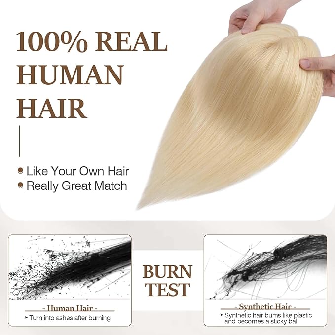 Rich Choices Hair Toppers for Women Real Human Hair 100% Human Remy Toppers NO Bangs for Women with Thinning on Top Clip in Hairpiece 4"x4.7"Lace Base 12 Inch #613 Bleach Blonde