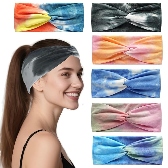 6 Pcs Wide Headbands for Women, Boho Tie Dye Headbands, Soft Fashion Headbands, Hair Bands for Daily Workout Yoga, Z-AB