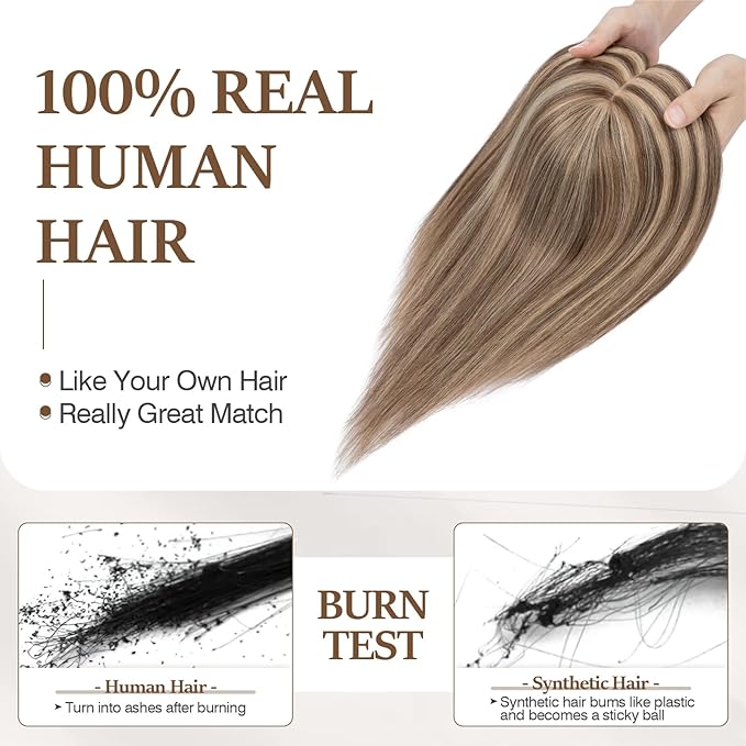 Rich Choices Hair Toppers for Women Real Human Hair 100% Human Remy Toppers NO Bangs with Thinning on Top Clip in Hairpiece 4"x4.7"Lace Base 10 Inch #4P27 Medium Brown Highlights Dark Blonde