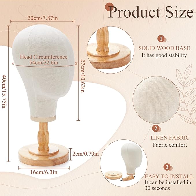 2 Pcs Wig Stand with Head 23 Inch Linen Mannequin Head with Wooden Stand Canvas Mannequin for Hats Wigs Caps Headdress Home Store Hair Salon(Beige)