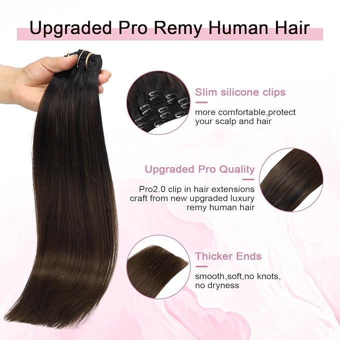 Pro2.0 Clip in Hair Extensions Real Human Hair 20inch 7pcs Color #1BT4 Natural Black Fading to Middle Brown Remy Real Human Hair Extensions Clip ins 120g Thick Double Weft（#1BT4-20inch）