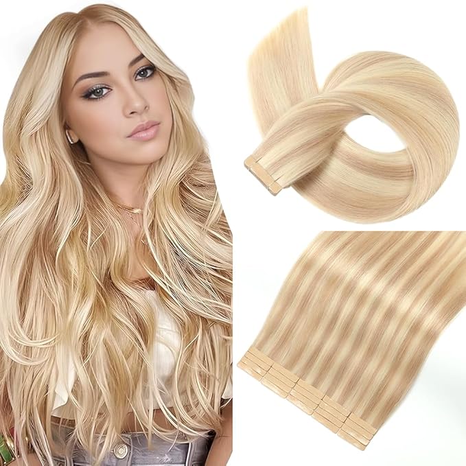 Tape in Hair Extensions Human Hair Brownish Brown to Brownish Yellow 22 Inch 20Pcs Tape Ins for Women Straight Invisible Seamless Remy
