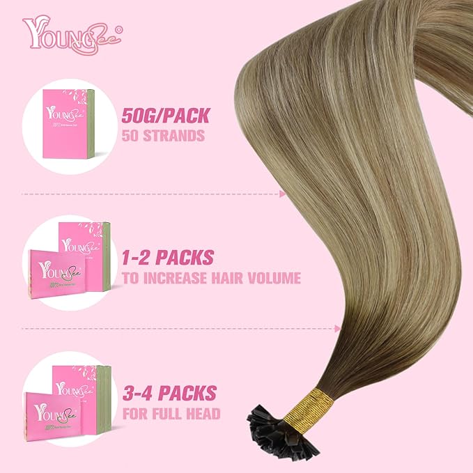 YoungSee K Tip Hair Extensions Human Hair Balayage Ktip Hair Extensions Balayage Dark Brown to Blonde with Brown 16In 1g/s 50g