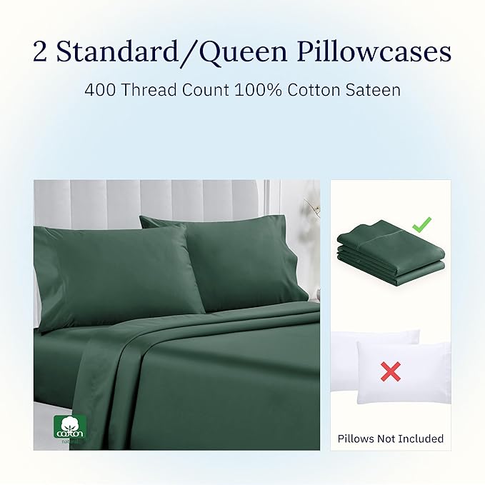 California Design Den Standard Queen Size Pillowcase Set - 400 Thread Count, 100% Cotton Sateen, Set of 2 Pillow Covers, Soft and Breathable - Hunter Green