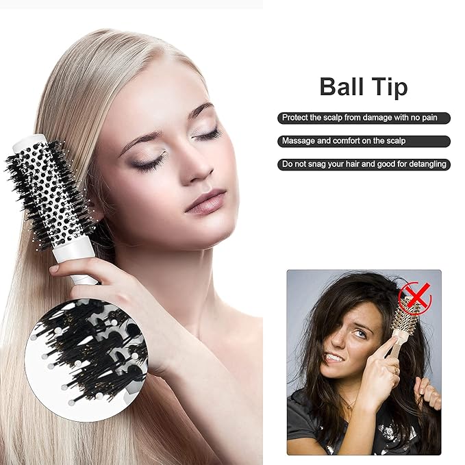 Round Brush For Blow Drying, Nano Tech Thermal Ceramic Ionic, Ball Tip Round Barrel Hair Brushes For Styling, 2 Clips and 1 Comb Included (2.54 inch with Bristles & Barrel 1.3 inch)…