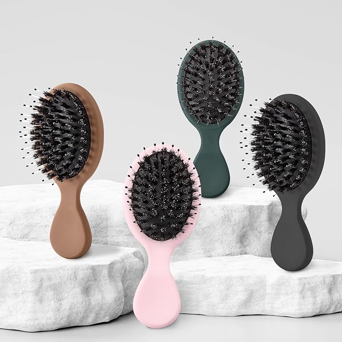 Mini Boar Bristles Hair Bursh, Travel Size Hair Brush for Women Men Kids, Protable Small Hair Brushes for Pockets Purses, Mini Hair Brush for Smooth Add Shine (1 Pack-Mocha)