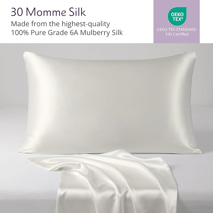 Mulberry Park 30 Momme 100% Pure Mulberry Silk Pillowcase - Luxury Charmeuse Weave for Hair and Skin, Cooling Silk Pillow Cover for Beauty Sleep - Standard Size 20''x26'' / Ivory