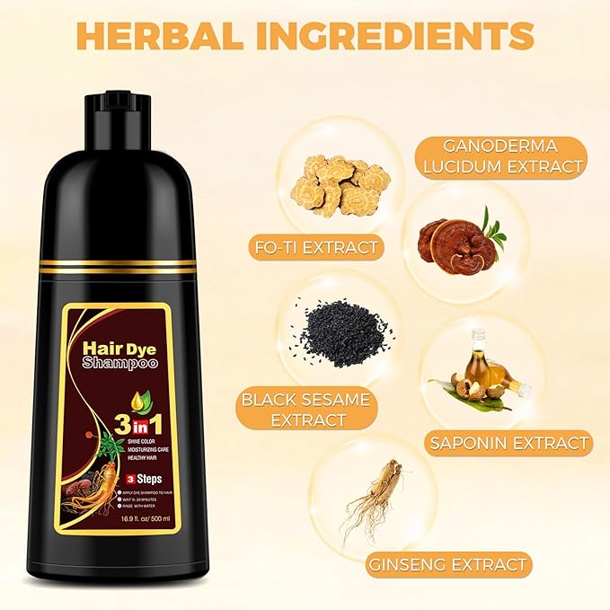 Coffee Hair Dye Shampoo 3 in 1 for Gray Hair Coverage, Hair Color Shampoo for Women Men, Herbal Ingredients Instant Champu Para Canas (16.9 Oz)