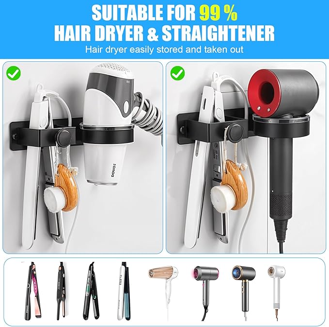 Hair Straightener Holder Wall, Thickened Blow Dryer Holder Wall Mounted Stainless Steel Hairdryer Holder for Bathroom, Hair Tools Organizer & Storage Curling Iron Holder (Black)