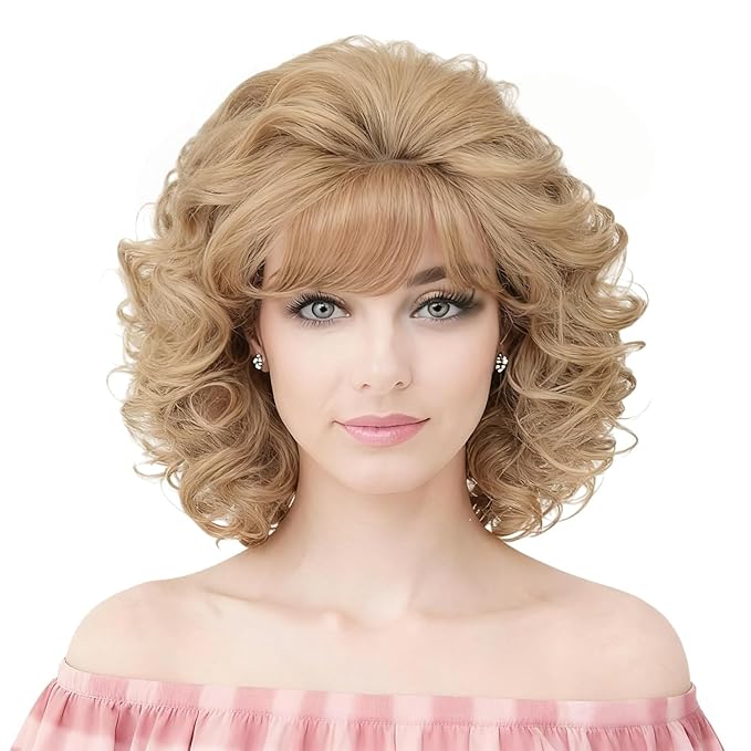 Short Blonde Wig with Hair Bangs Women's Curly Wavy Heat Resistant Synthetic Blonde Hair Wigs for Women