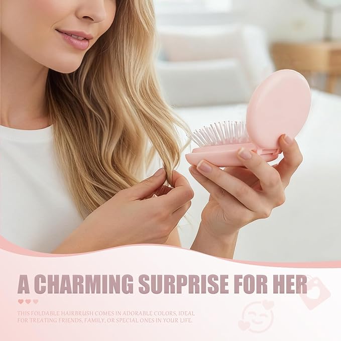 Folding Hair Brush with Compact Mirror, 2-in-1 Mini Hairbrush for Travel - Foldable Portable Pocket-Sized, Detangling Brush with Soft Nylon Bristles for Purse, Backpack, Women & Girls on The Go
