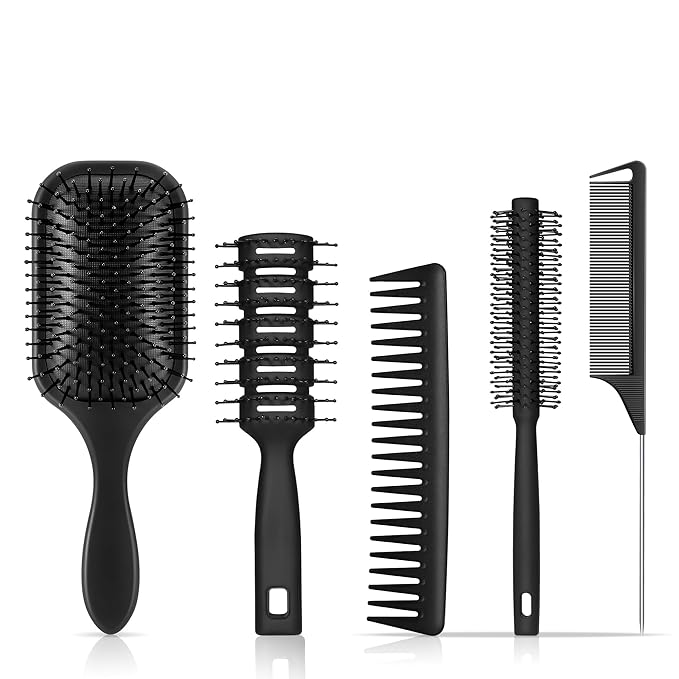 SALONSILK Hair Brush Comb Set, 5PCS Women Men Hair Brush & Styling Comb Set, Wide Tooth Rat Tail Fine Tooth Paddle Roller Combs - Professional Barber Tools for All Types