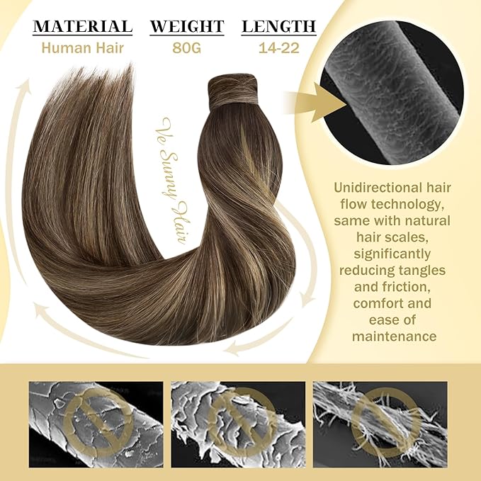 Ve Sunny Hair Extensions Ponytail Real Human Hair 80G Wrap Around Clip in Ponytail Hair Extensions Straight Extensions Human Hair for Women Medium Brown Balayage Ombre Caramel Blonde 14inch