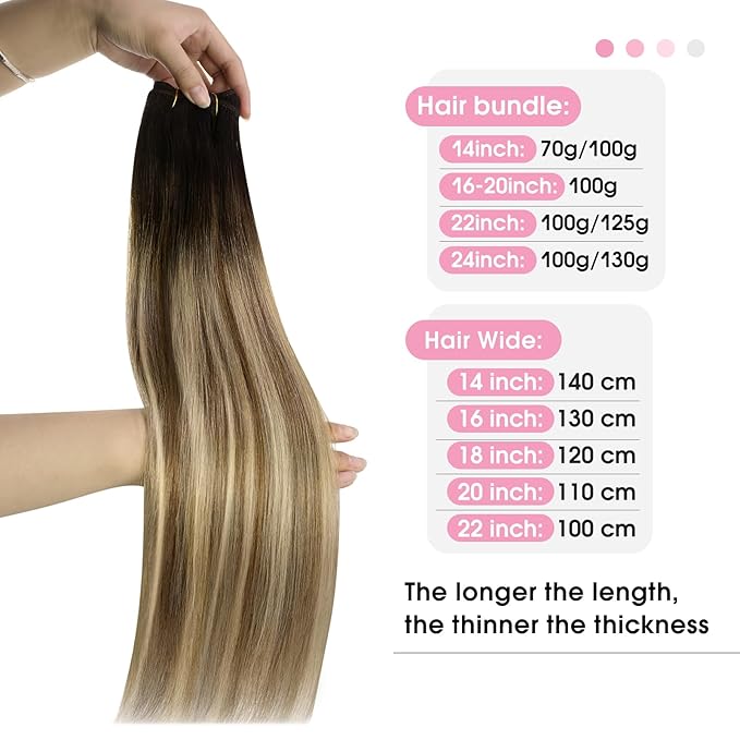 YoungSee Sew in Hair Extensions Real Human Hair Ombre Hair Extensions Weft Dark Brown Roots to Medium Brown with Blonde Balayage Soft Hair Extension Sew in for Full Head 100G 18Inch