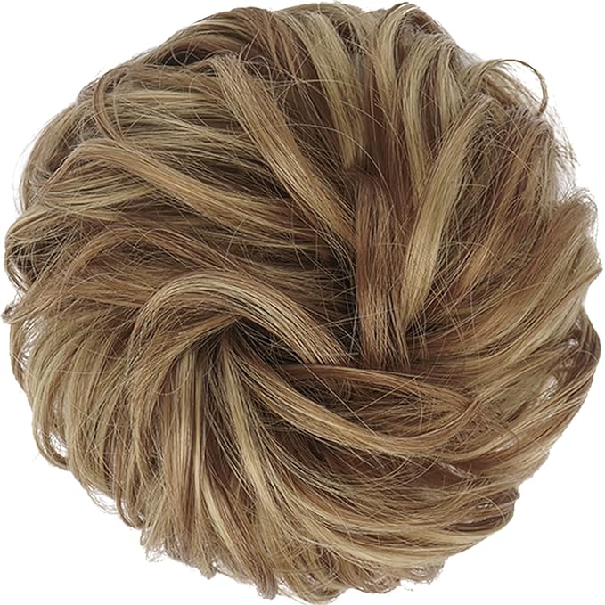 FESHFEN Messy Bun Hair Piece - Elastic Wavy Curly Hair Bun Scrunchies Extensions Synthetic Chignon Hairpieces for Women Girls, Brown & Blonde 1.5 oz