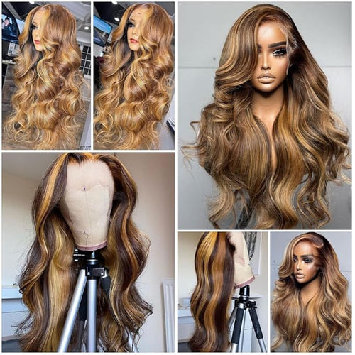 13x6 Body Wave Lace Front Wigs Human Hair Pre Plucked 180% Density 13x6 HD Lace 20 Inch P4/27 Honey Blonde Frontal Wigs Human Hair for Black Women Glueless Ombre Lace Front Wig Human Hair