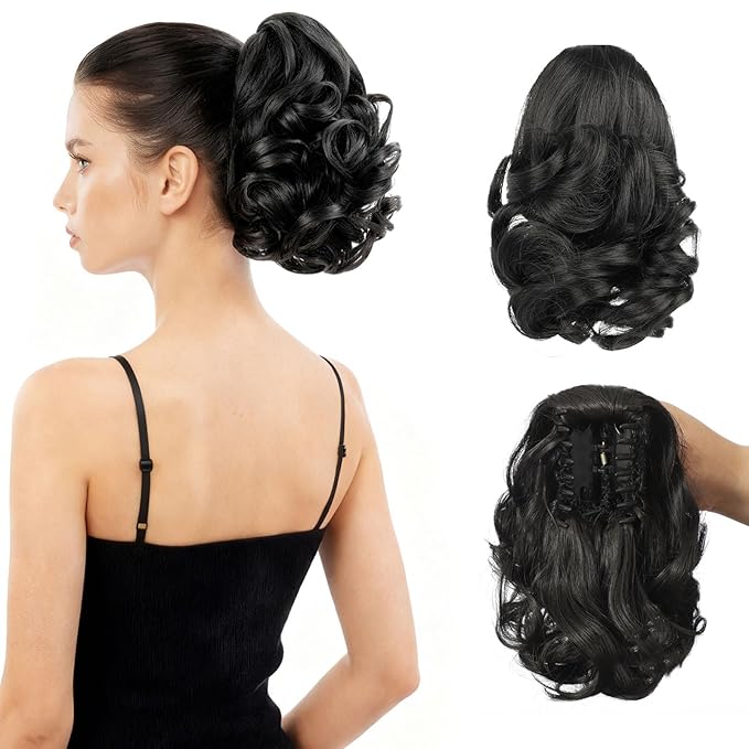 Ponytail Extension, Clip on Ponytails for Women, 9" Claw Clip in Short Curly Wavy Pony Hair Extension for Women - Natural Black