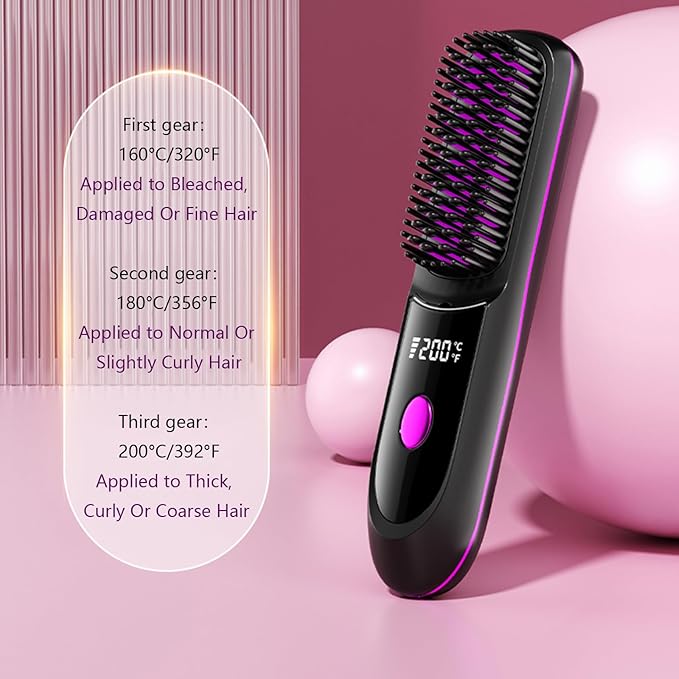 Go Brush Pro Hair Straightener – Cordless Comb with Negative Ion, 7400mAh Fast Heating & Portable Travel Design, Rechargeable Brush for Straightening and Curling (Black-1Pcs)