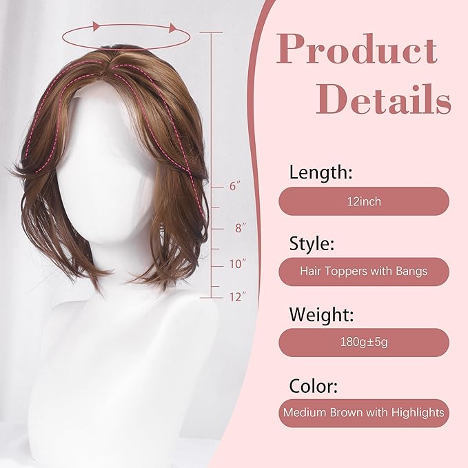 CROWN GUIDE 12 Inch Hair Toppers for Women with Thinning Hair - Synthetic Clip in Topper with Bangs Breathable Hairpiece 6.5x6.5 Base, Volume Wiglets Full Coverage (Dark Golden Brown Highlight)