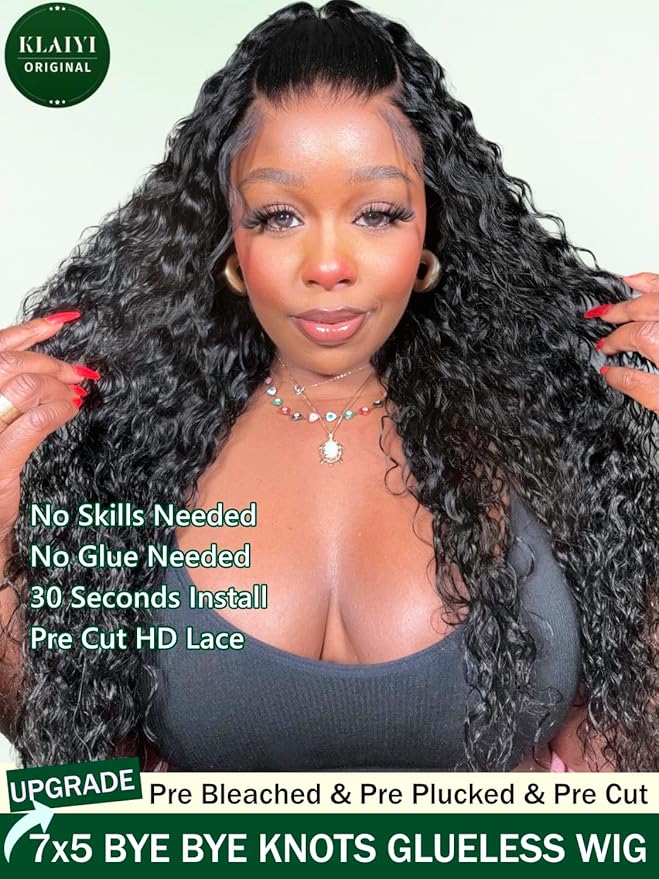 KLAIYI Bye Bye Knots Glueless Wig Pre Cut Water Wave HD Lace Front Wigs Human Hair Pre Bleached Pre Plucked Ready to Go Wigs for Women 30S Easy to Wear Put On and Go Curly Wig Beginner Friendly 14Inch