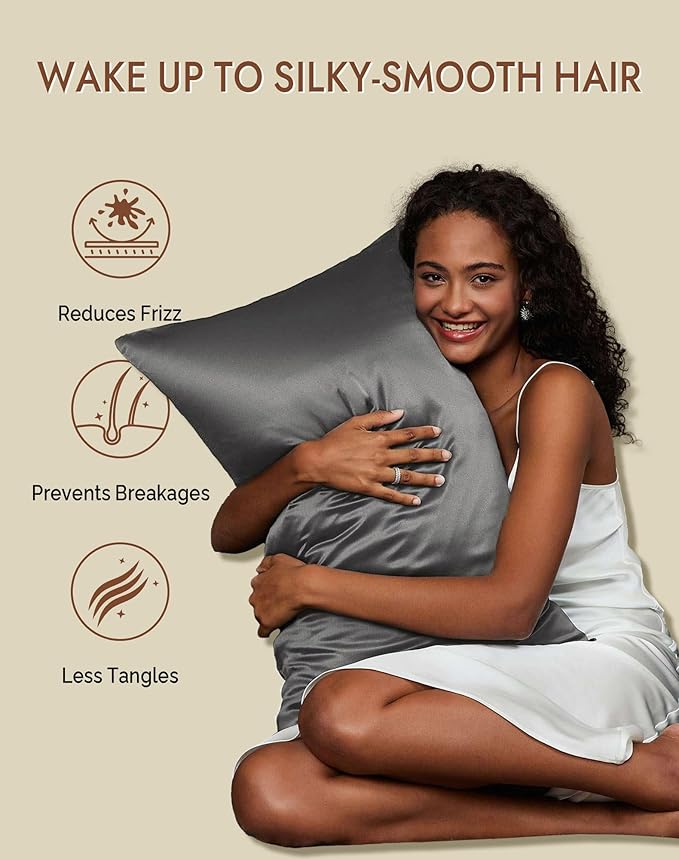 SilkSilky 100% Mulberry Silk Pillowcase - Pure 22 Momme High-Grade 6A Fibers for Hair & Skin, Envelope Closure, Natural, Organic, Breathable & Cooling Pillow Case (King, Dark Gray)