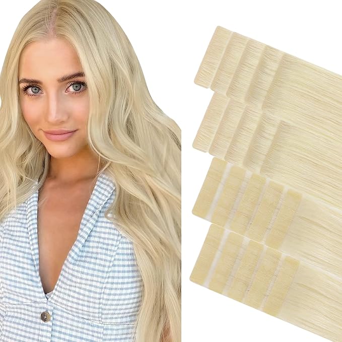 GOO GOO Invisi Edge Tape in Hair Extensions Human Hair, 60A Platinum Blonde 10pcs injected with 10pcs classical tape ins, 12inch 40g, Virgin Remy Hair, Natural Look