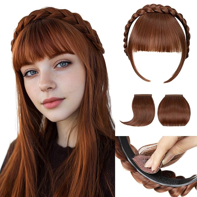SARLA Braided Headband with 3 Detachable Clip in Bangs Fringe Hairpieces Fake Synthetic Hair Band Bangs for Women Red Vivo