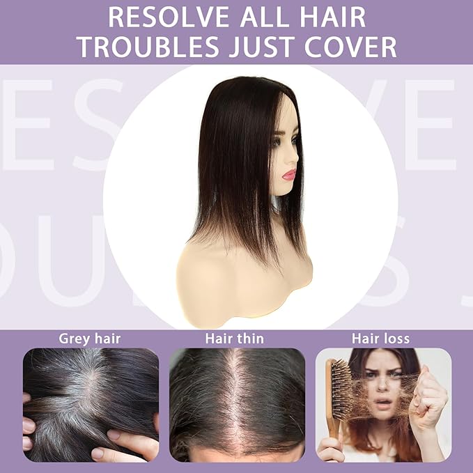 Hair Toppers for Women Real Human Hair, 3x5 Inch Injected Silk Base 12 Inch Length 130% Density No Bangs Hairpieces #1C Natural Black (Subtle Red Undertones in Sunlight)